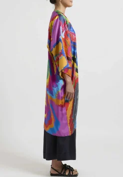 Rianna + Nina Abstract Printed Light Weight Silk Kimono In Orange