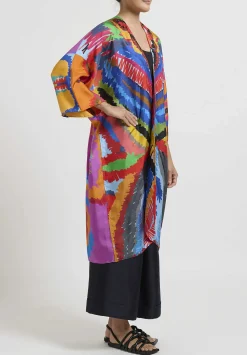 Rianna + Nina Abstract Printed Light Weight Silk Kimono In Orange