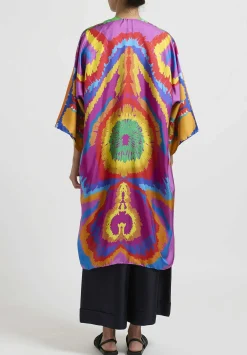 Rianna + Nina Abstract Printed Light Weight Silk Kimono In Orange
