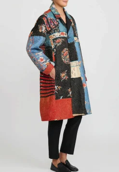 By Walid Antique Embroidered Chinese Silk Rufus Coat In Celeste Blue & Black