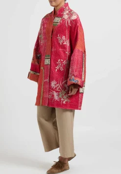 By Walid Antique Embroidered Silk Basma Coat In Red Raspberry & Peacock