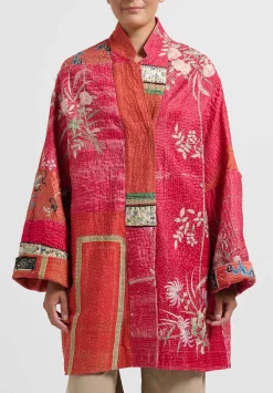By Walid Antique Embroidered Silk Basma Coat In Red Raspberry & Peacock