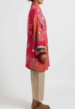 By Walid Antique Embroidered Silk Basma Coat In Red Raspberry & Peacock