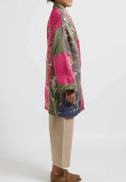By Walid Antique Embroidered Silk Basma Coat In Red Indigo & Peacock