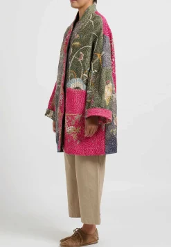 By Walid Antique Embroidered Silk Basma Coat In Red Indigo & Peacock