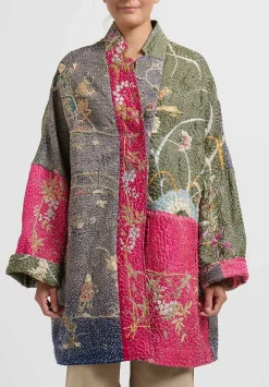 By Walid Antique Embroidered Silk Basma Coat In Red Indigo & Peacock