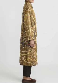 By Walid Antique Silk Chinese Panel Sylvia Coat In Brown And Peach