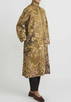 By Walid Antique Silk Chinese Panel Sylvia Coat In Brown And Peach