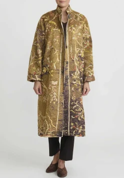 By Walid Antique Silk Chinese Panel Sylvia Coat In Brown And Peach