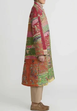 By Walid Antique Silk Chinese Panel Sylvia Coat In Red & Green Multicolor