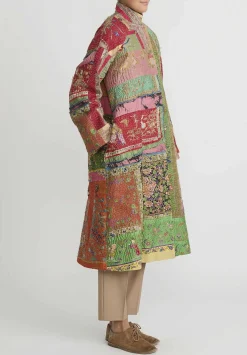By Walid Antique Silk Chinese Panel Sylvia Coat In Red & Green Multicolor