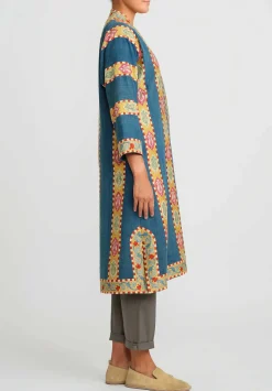 Mehmet Cetinkaya Antique Silk Embroidered Uzbek Chapan Robe In Blue &Yellow