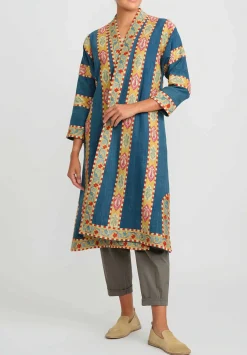 Mehmet Cetinkaya Antique Silk Embroidered Uzbek Chapan Robe In Blue &Yellow