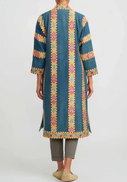 Mehmet Cetinkaya Antique Silk Embroidered Uzbek Chapan Robe In Blue &Yellow