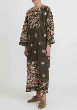By Walid Antique Silk Piano Shawl Oversized Dress In Brown & Pink Roses