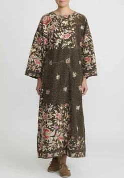 By Walid Antique Silk Piano Shawl Oversized Dress In Brown & Pink Roses