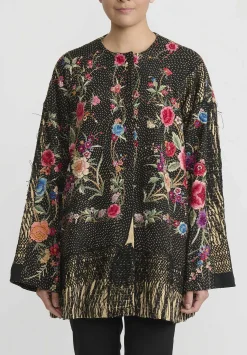 By Walid Antique Silk Piano Shawl Jackie Jacket In Black And Pink Rose