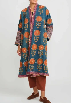 Mehmet Cetinkaya Antique Uzbek Silk Embroidered Chapan Robe In Blue & Coral Flowers