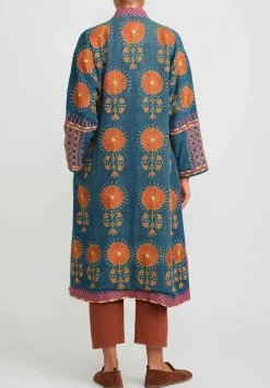 Mehmet Cetinkaya Antique Uzbek Silk Embroidered Chapan Robe In Blue & Coral Flowers