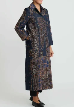 Biyan Applique Denim And Tweed Jacquard Coat In Navy Blue & Brown