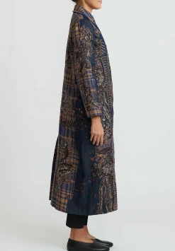 Biyan Applique Denim And Tweed Jacquard Coat In Navy Blue & Brown