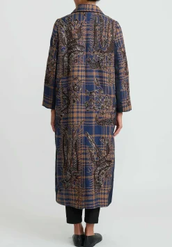 Biyan Applique Denim And Tweed Jacquard Coat In Navy Blue & Brown