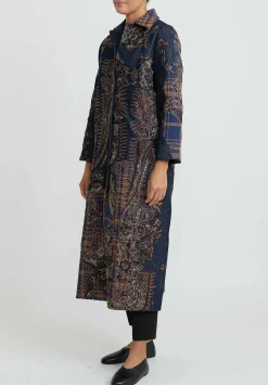 Biyan Applique Denim And Tweed Jacquard Coat In Navy Blue & Brown