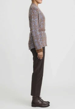 Lainey Keogh Cashmere Belted Velvet De Luxe Cardigan In Soft Blue & Chestnut