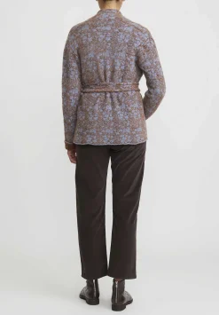Lainey Keogh Cashmere Belted Velvet De Luxe Cardigan In Soft Blue & Chestnut