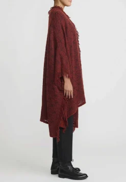 Lainey Keogh Cashmere Hand Knit Fringed Poncho In Harissa Red & Navy