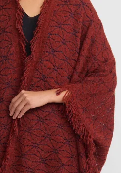 Lainey Keogh Cashmere Hand Knit Fringed Poncho In Harissa Red & Navy