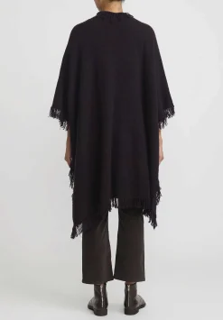 Lainey Keogh Cashmere Hand-Knit Fringed Poncho Cardigan In Black Currant & Chocolate Brown