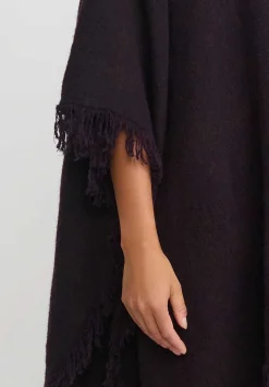Lainey Keogh Cashmere Hand-Knit Fringed Poncho Cardigan In Black Currant & Chocolate Brown