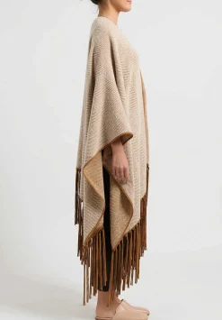 Alonpi Cashmere Herringbone ''Ariete Mantella Frange'' Cape In Brown & Cream