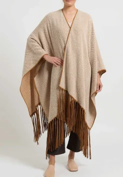 Alonpi Cashmere Herringbone ''Ariete Mantella Frange'' Cape In Brown & Cream