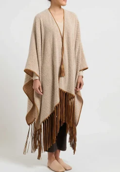 Alonpi Cashmere Herringbone ''Ariete Mantella Frange'' Cape In Brown & Cream