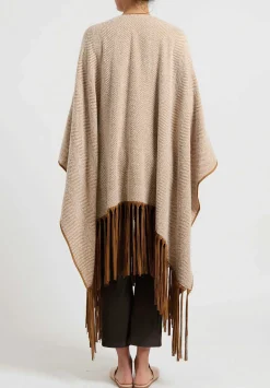 Alonpi Cashmere Herringbone ''Ariete Mantella Frange'' Cape In Brown & Cream