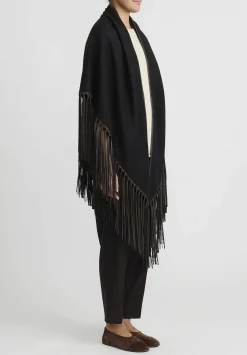 Alonpi Cashmere ''Mantello Triangolo'' Shawl With Leather Fringe In Black/Brown