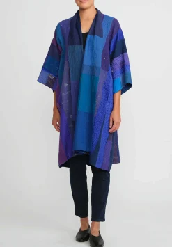 Mieko Mintz Cotton & Silk A-Line Duster In Stripe & Chech Blue
