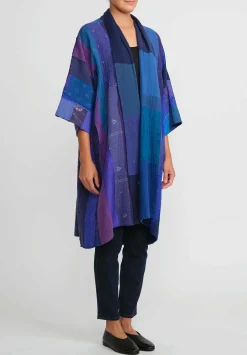 Mieko Mintz Cotton & Silk A-Line Duster In Stripe & Chech Blue