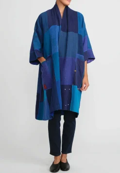 Mieko Mintz Cotton & Silk A-Line Duster In Stripe & Chech Blue