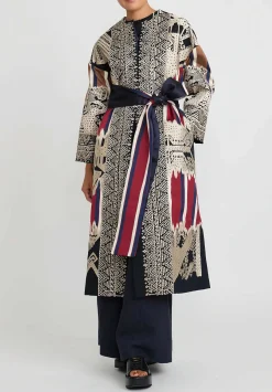 Biyan Cotton & Silk Embroidered Long Rilamaya Coat In Dark Navy Blue