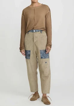 Umit Unal Cotton Corduroy Patch Drop Crotch Pants In Natural & Denim