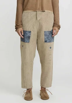 Umit Unal Cotton Corduroy Patch Drop Crotch Pants In Natural & Denim