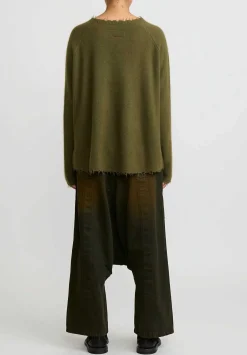 Rundholz Dip Cotton Denim Distressed Drop Crotch Jeans In Khaki Green