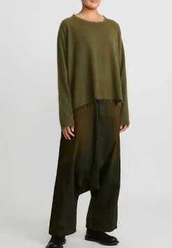 Rundholz Dip Cotton Denim Distressed Drop Crotch Jeans In Khaki Green