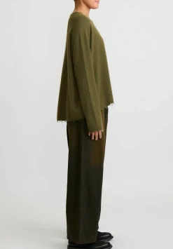 Rundholz Dip Cotton Denim Distressed Drop Crotch Jeans In Khaki Green