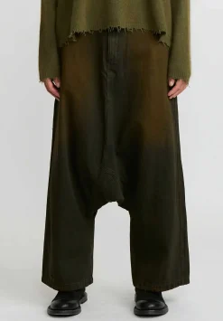 Rundholz Dip Cotton Denim Distressed Drop Crotch Jeans In Khaki Green