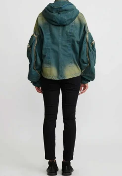 Rundholz Dip Cotton Distressed Denim Jacket With Exaggerated Zipper Sleeves In Schilf Blue