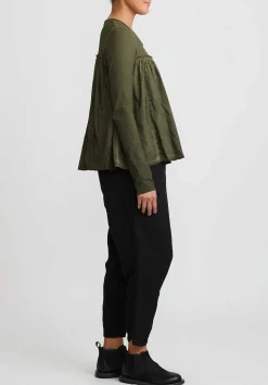 Rundholz Dip Cotton Gathered Long Sleeve T-Shirt In Olive Cloud Green